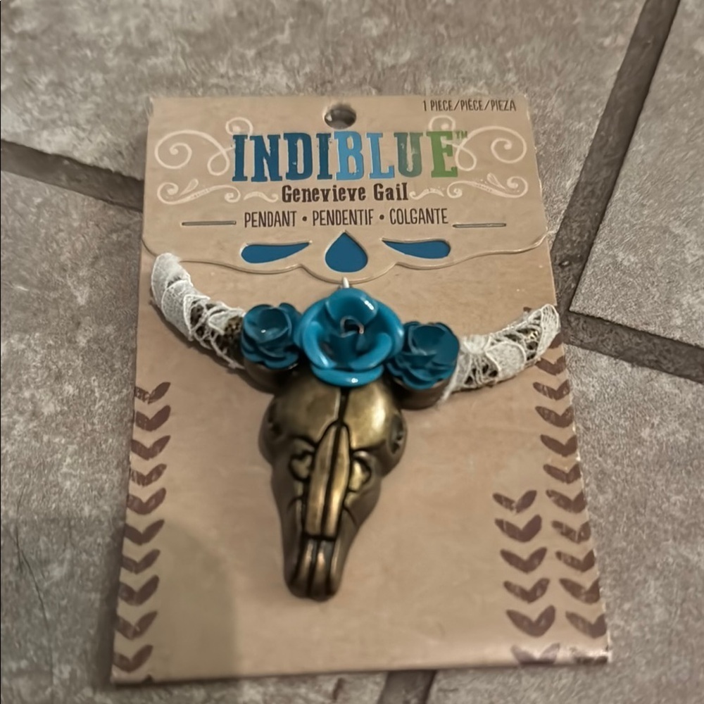 IndiBlue Bronze Skull Pendant with Blue Roses